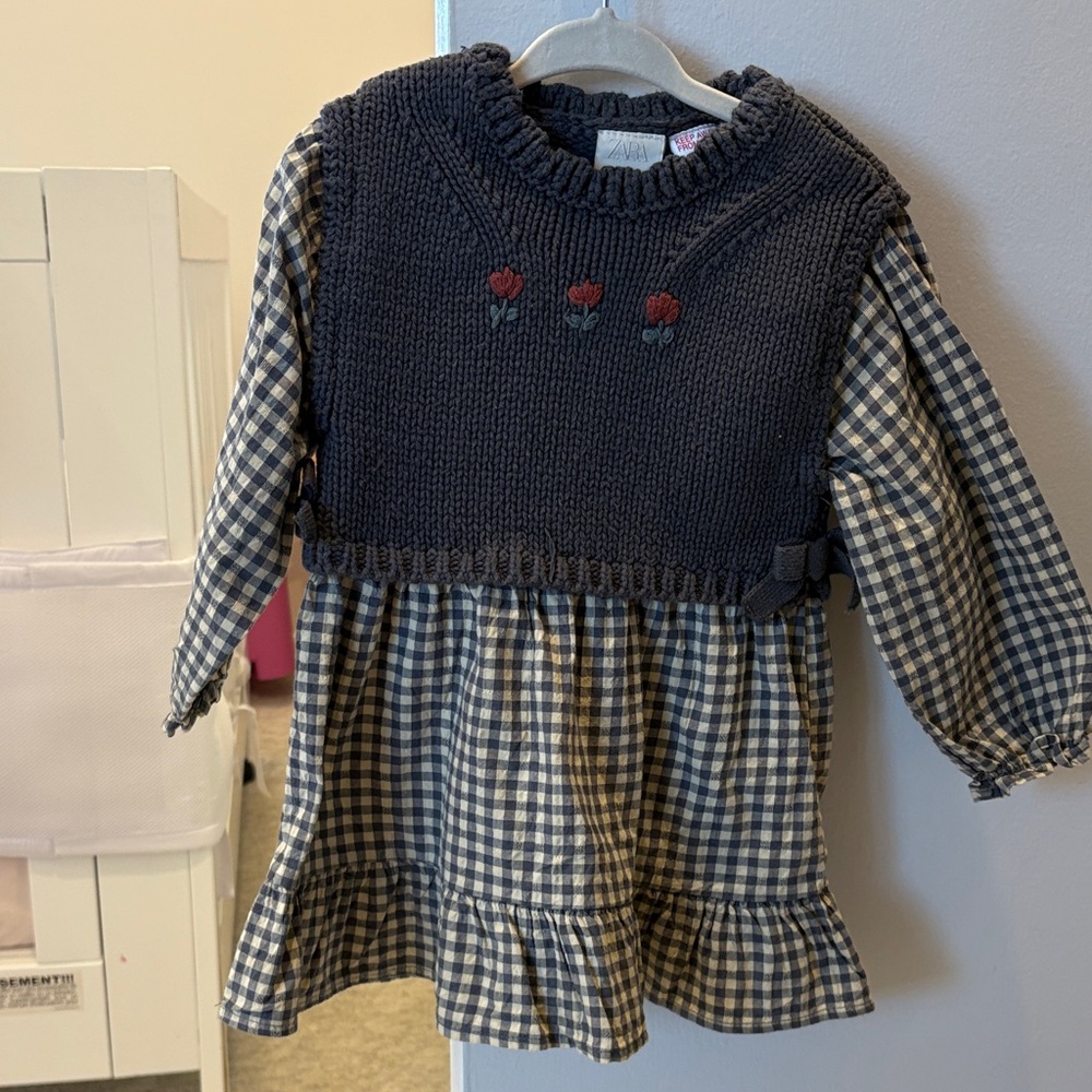 Zara Navy Knit Vest and Navy/Cream Gingham Dress
